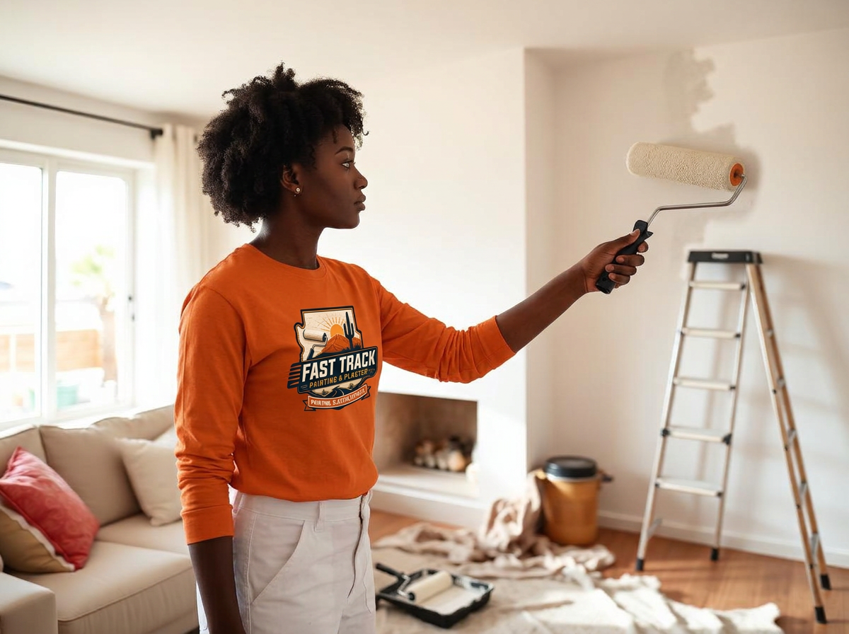 Fast Track painter in uniform rolling paint in a bright Arizona living room