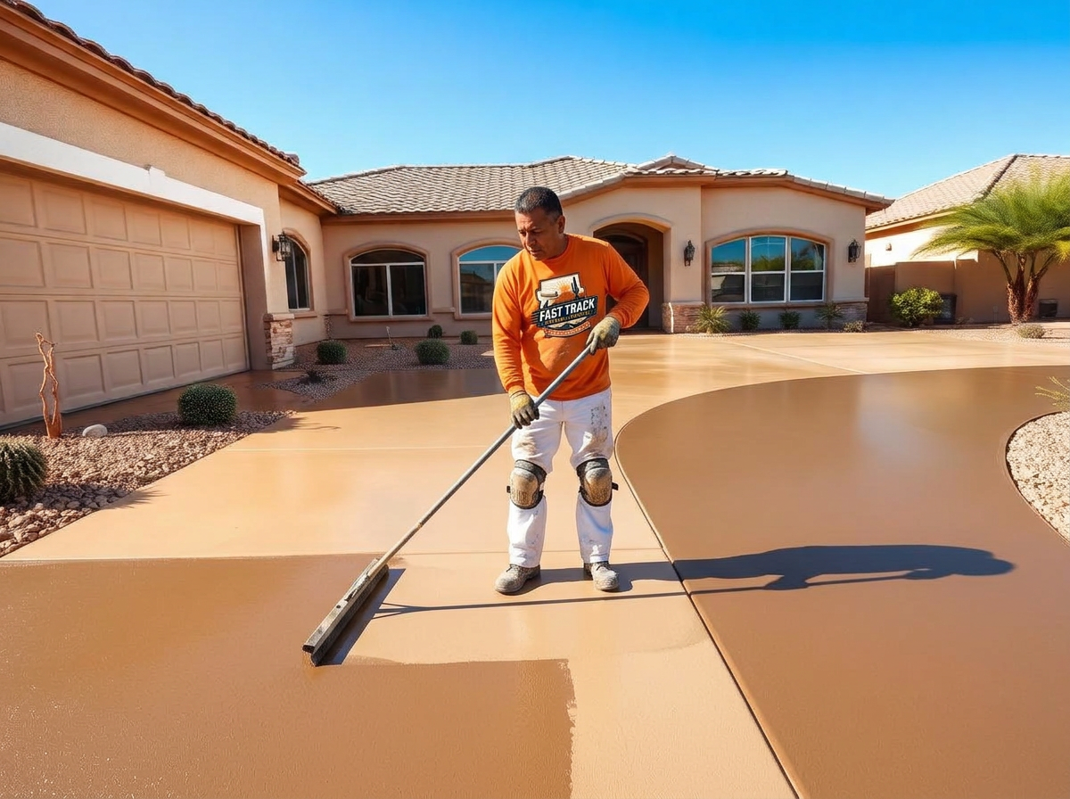 Fast Track crew member in uniform coating a driveway at an Arizona home