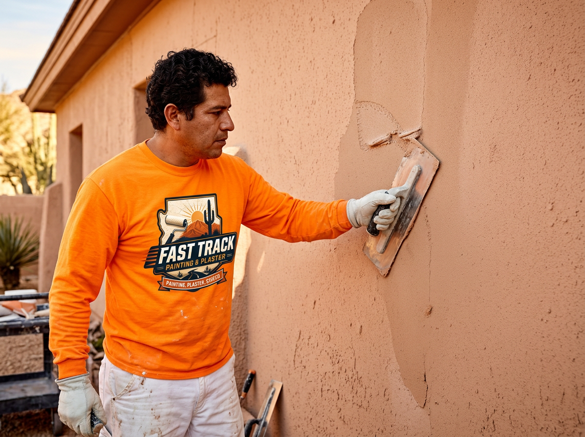 Fast Track plasterer in uniform troweling stucco onto an Arizona wall